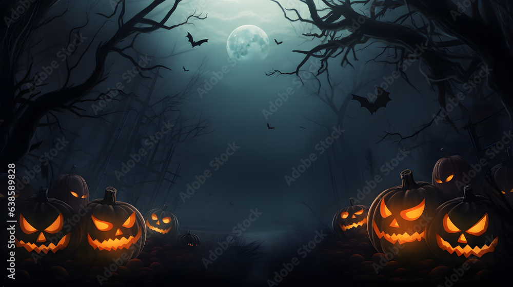Des citrouilles allumées dans un chemin noir pour Halloween. En arrière-plan, la pleine lune avec des chauves-souris. 