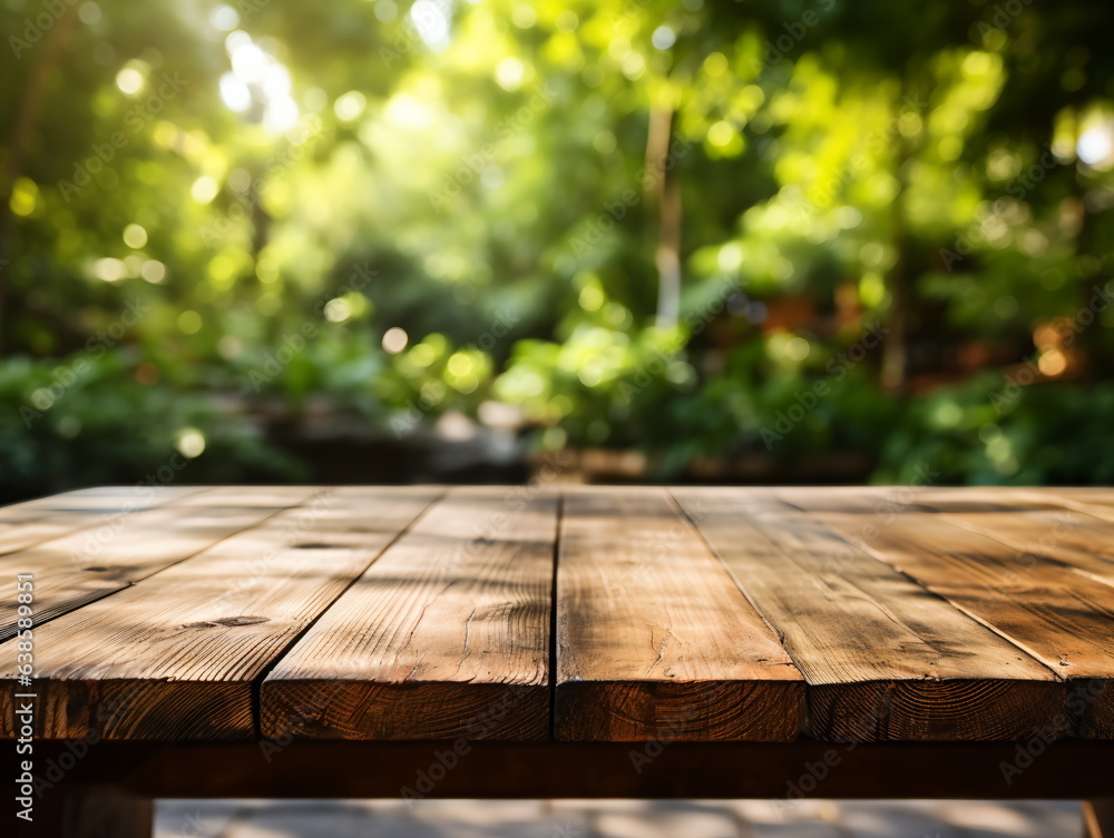 Wooden floor perspective and green forest with ray of light. Wooden floor perspective and green forest with ray of light.