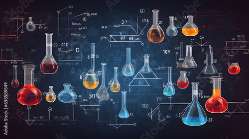 Une illustration d'un tableau de chimiste en laboratoire avec plusieurs fioles. photo