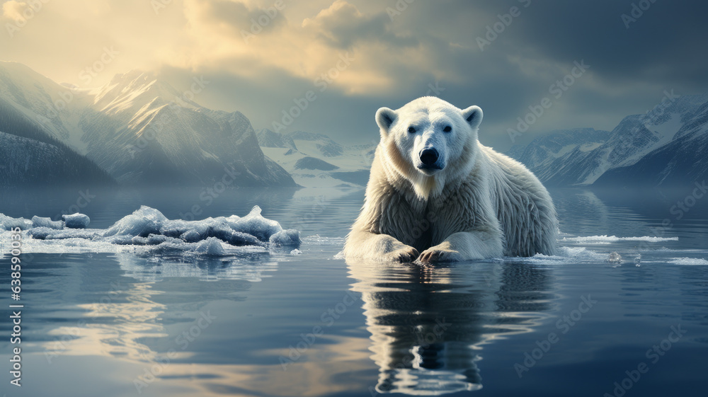 solitary polar bear on a shrinking ice floe