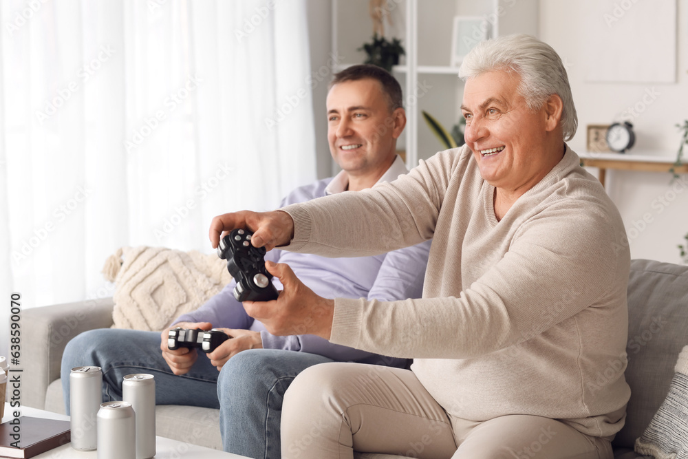Mature brothers playing video game at home