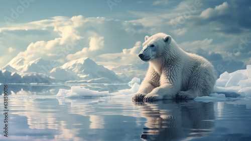 solitary polar bear on a shrinking ice floe,generative ai photo
