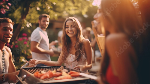 happy women and man friends grill Barbecue during party at backyard © JKLoma