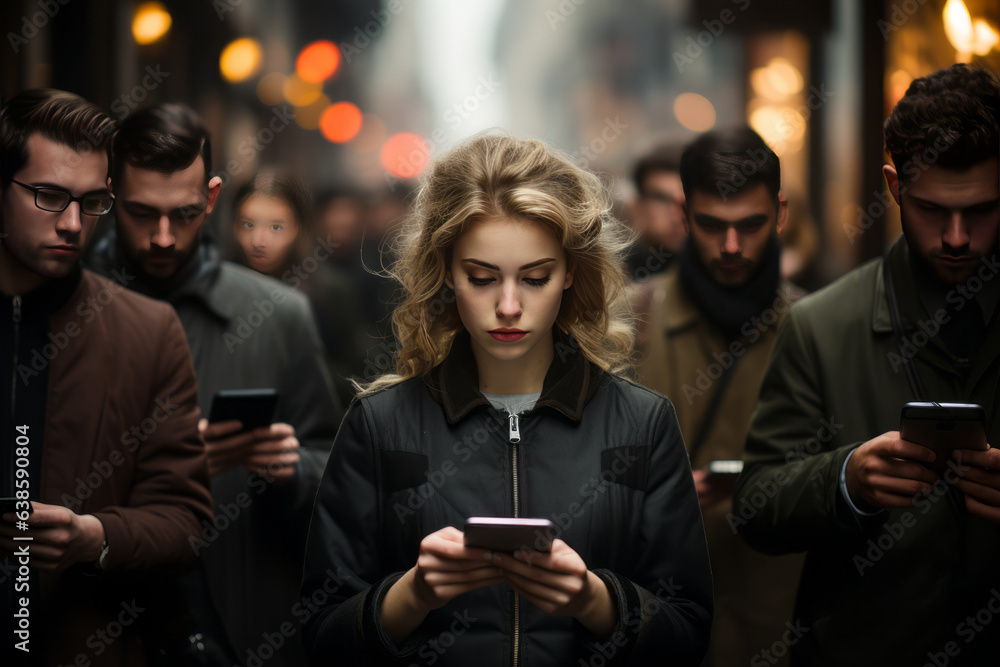 Crowded street, everyone absorbed in phones, oblivious to surroundings.generative ai