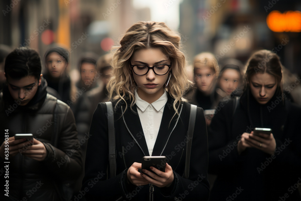 Crowded street, everyone absorbed in phones, oblivious to surroundings.generative ai