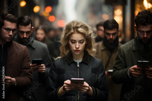 Crowded street, everyone absorbed in phones, oblivious to surroundings.generative ai