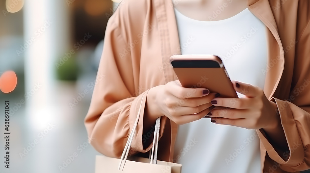 Une femme en train d'effectuer du shopping depuis son smartphone. Des sacs sont accrochés à son bras.