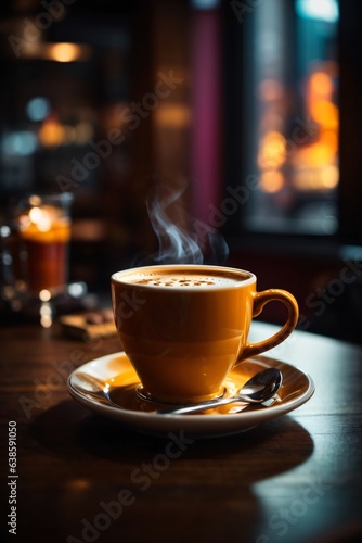 a glass of hot coffee on wooden table