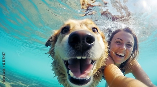 Slika na platnu Happy dog and playfull Young Woman swimming in sea, taking selfie
