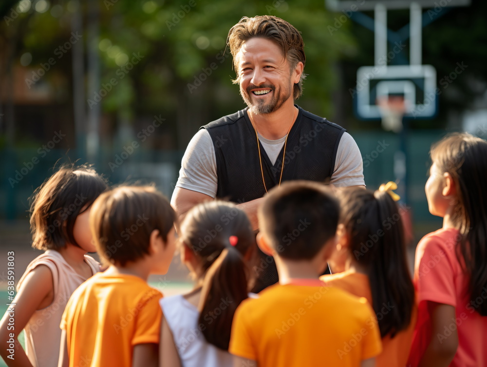 Coach Giving Team Talk To Elementary School Basketball Team Coach Giving Team Talk To Elementary School Basketball Team