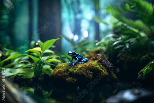 A Blue Poison Dart Frog Sits on a Mossy Rock in the Dense Rainforest