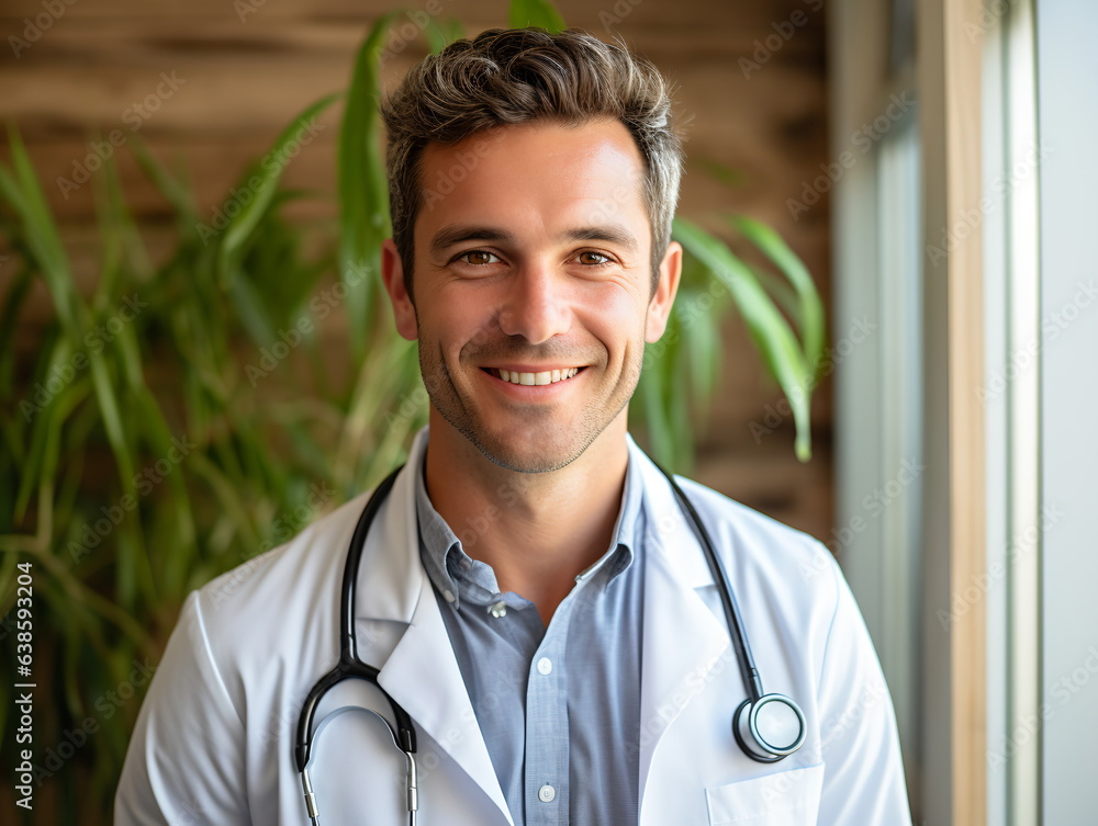 Portrait of friendly male doctor in workwear with stethoscope on neck Portrait of friendly male doctor in workwear with stethoscope on neck