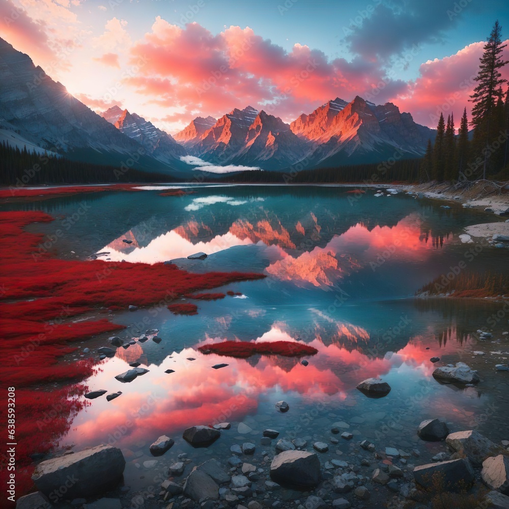 Tilted photo of a body of water surrounded by trees and mountains, beautiful sunrise lighting red and blue reflections