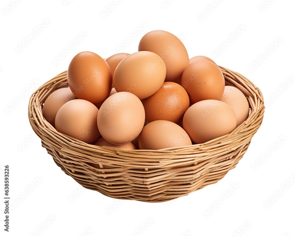 A wicker basket of fresh eggs, isolated on white or transparent background. A wicker basket of fresh eggs, isolated on white or transparent background.