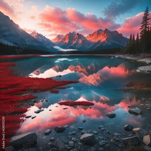 Tilted photo of a body of water surrounded by trees and mountains, beautiful sunrise lighting red and blue reflections