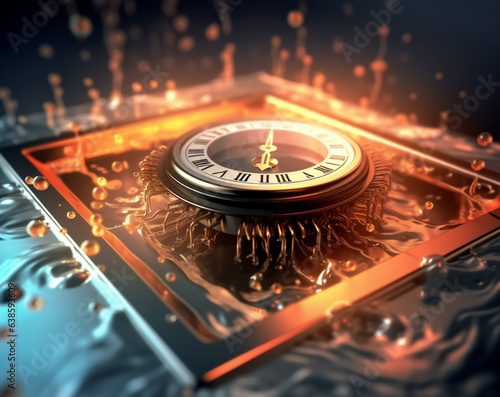 Close-up of clock on a cpu with microcircuits in the background. photo