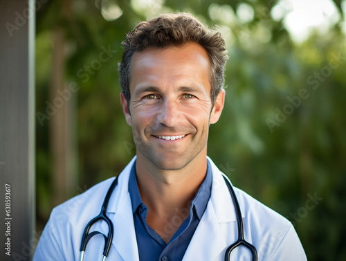 Portrait of friendly male doctor in workwear with stethoscope on neck