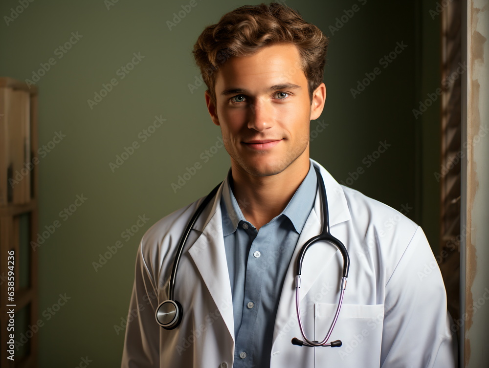 Portrait of friendly male doctor in workwear with stethoscope on neck Portrait of friendly male doctor in workwear with stethoscope on neck