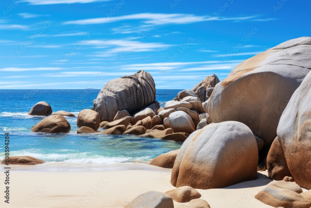 Tropical beach with granite boulders, Seychelles, Big rocks on the ocean landscape beach view with blue sky, AI Generated Tropical beach with granite boulders, Seychelles, Big rocks on the ocean landscape beach view with blue sky, AI Generated