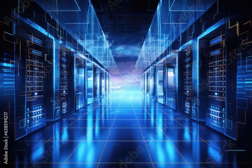 Server room data center hallway with blue lights and reflections. 3D Rendering, Big data center technology warehous with servers information digitalization Starts, AI Generated
