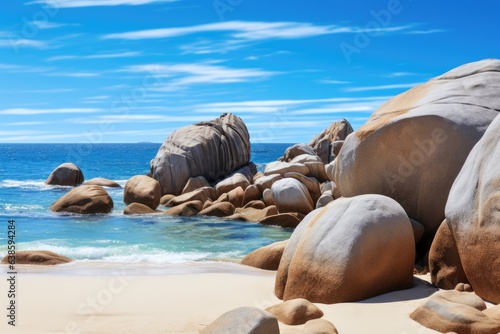 Tropical beach with granite boulders, Seychelles, Big rocks on the ocean landscape beach view with blue sky, AI Generated
