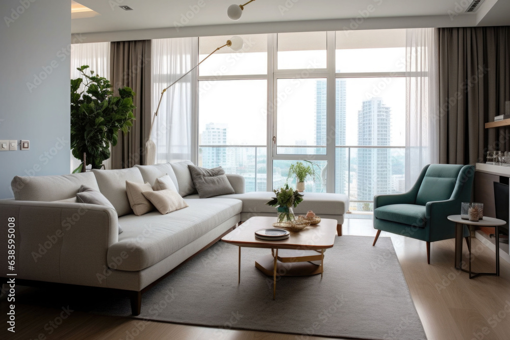 A living room in modern apartment. Interior design of cozy room in modern home decor Generative AI A living room in modern apartment. Interior design of cozy room in modern home decor Generative AI
