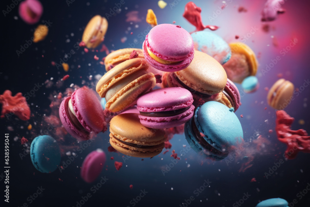 Macaroons in motion falling. Sweet colorful french macaroons levitation in the air. Generative AI Macaroons in motion falling. Sweet colorful french macaroons levitation in the air. Generative AI