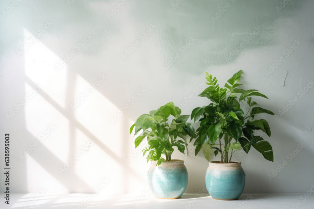 Potted green plants with white wall on the background. Sun rays. Houseplants. Generative AI Potted green plants with white wall on the background. Sun rays. Houseplants. Generative AI