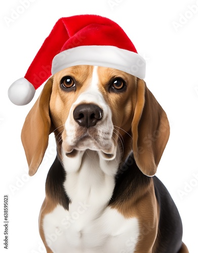 Beagle dog wearing christmas hat, isolated on white background. © Gorilla Studio