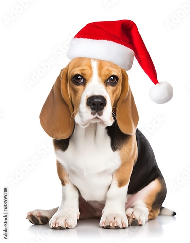beagle dog with santa hat  isolated on white background. © Gorilla Studio