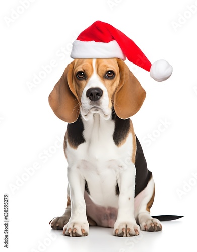 beagle dog with christmas hat looking at camera  isolated on white background © Gorilla Studio