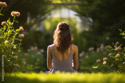 Wallpaper Mural Girl from the back doing yoga in the spring garden. Grass and flower surrounding. AI generated Torontodigital.ca