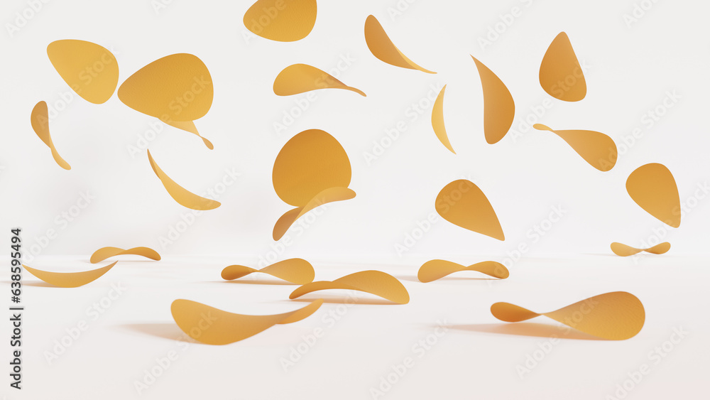 Falling potato chips on a white background. 3D visualization. Falling potato chips on a white background. 3D visualization.