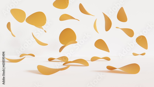 Falling potato chips on a white background. 3D visualization.