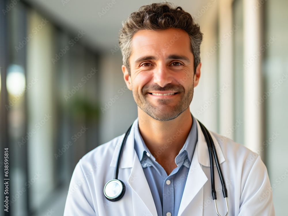 Portrait of friendly male doctor in workwear with stethoscope on neck Portrait of friendly male doctor in workwear with stethoscope on neck