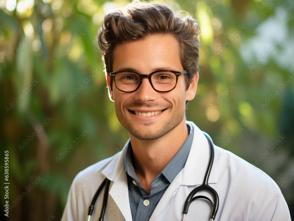 Portrait of friendly male doctor in workwear with stethoscope on neck Portrait of friendly male doctor in workwear with stethoscope on neck
