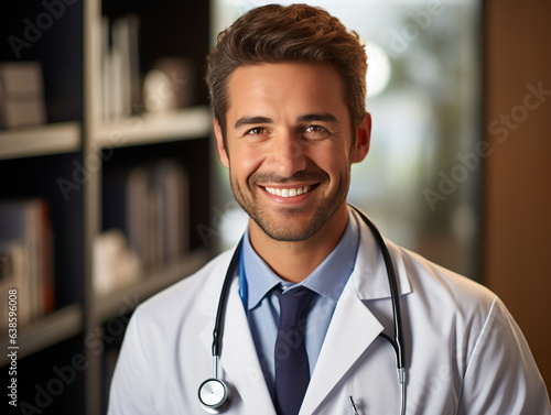Portrait of friendly male doctor in workwear with stethoscope on neck