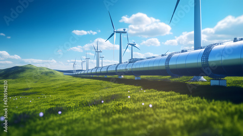 A hydrogen pipeline with wind turbines and in the background. Green hydrogen production concept photo