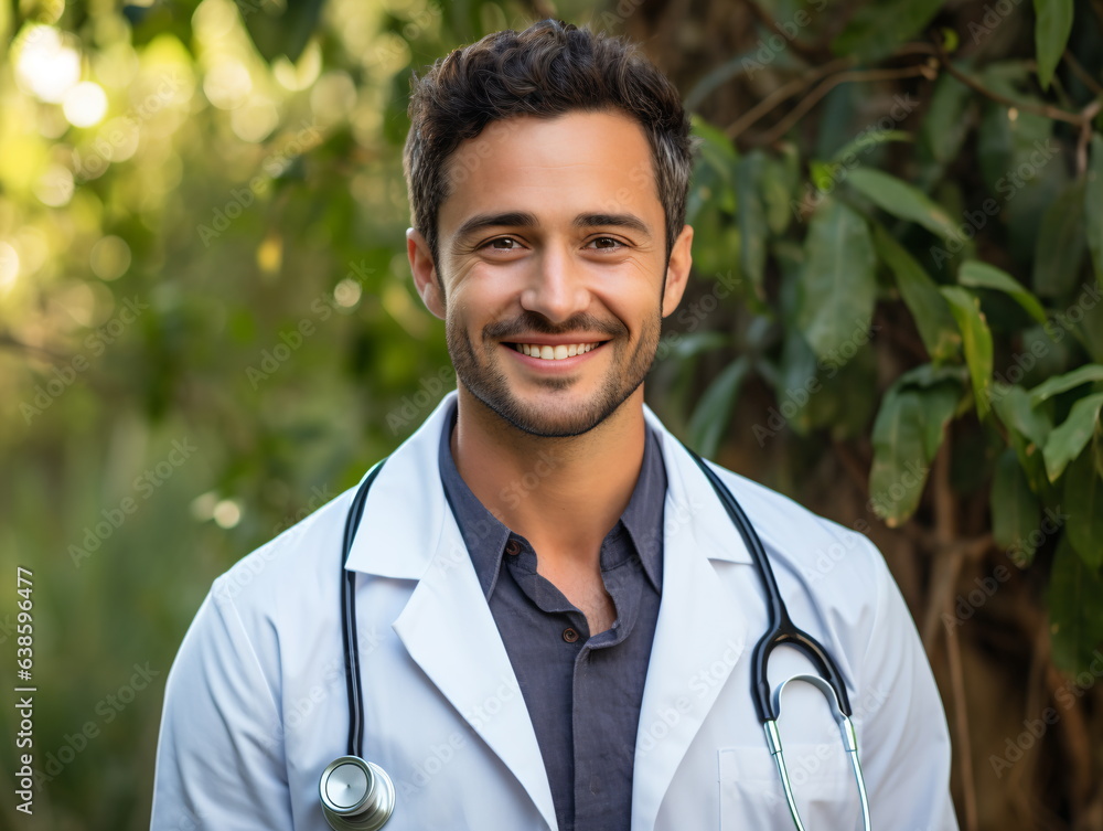 Portrait of friendly male doctor in workwear with stethoscope on neck Portrait of friendly male doctor in workwear with stethoscope on neck
