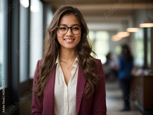 A portrait that showcases the multifaceted life of a young and beautiful woman. In one frame, she embodies the identity of a studious student girl wearing glasses.