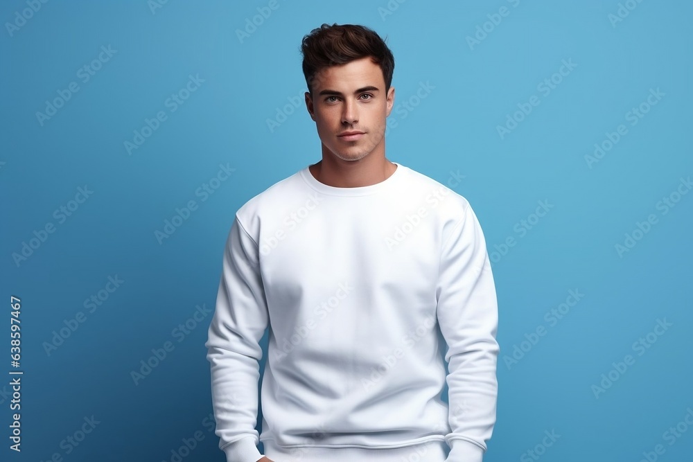 A man in a white sweatshirt on a blue background. Generative AI A man in a white sweatshirt on a blue background. Generative AI