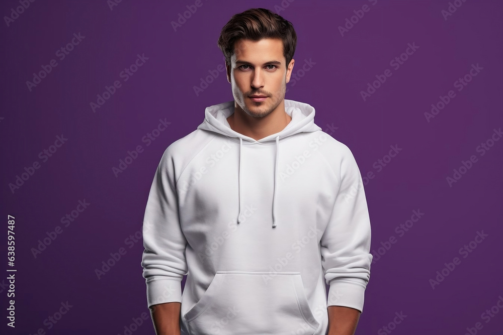 A man in a white sweatshirt on a purple background. Generative AI A man in a white sweatshirt on a purple background. Generative AI