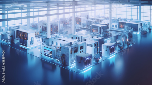 A semiconductor fabrication plant. A modern clean and organized DX age production factory. DX industry 4.0 concept. generative