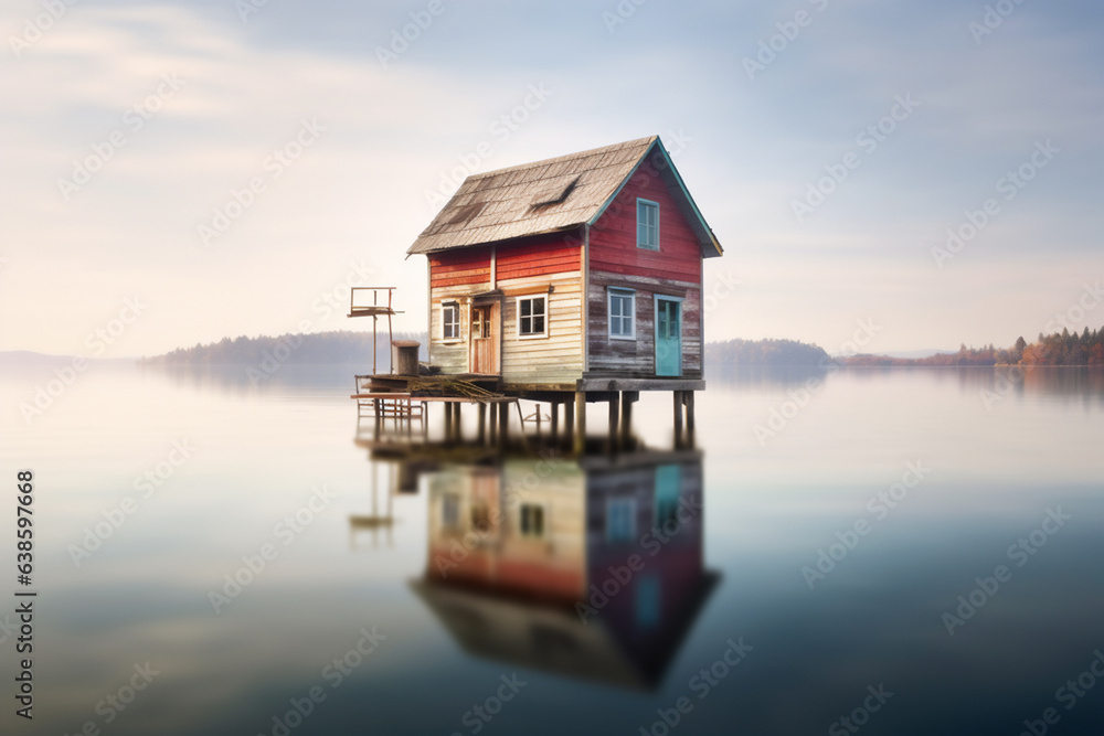 Beautiful sunrise over a lake with wooden house. Beautiful sunrise over a lake with wooden house.