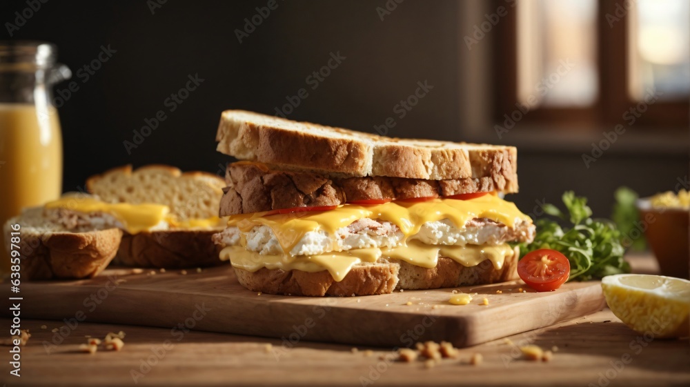 sandwich with mixed ingredients and french fries on a wooden board