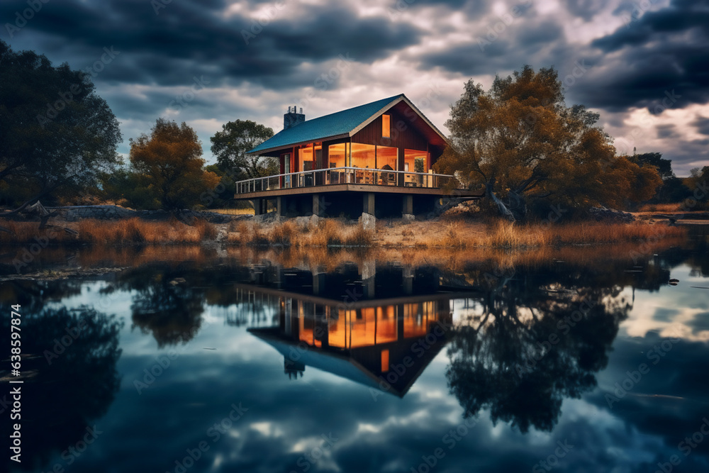 Fototapeta premium Beautiful sunrise over a lake with wooden house.
