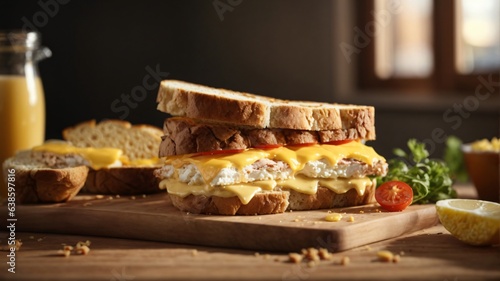 sandwich with mixed ingredients and french fries on a wooden board