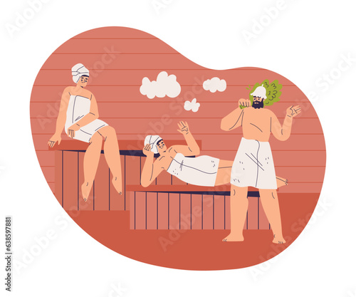 Man and Woman Bathing in Sauna and Taking Steam Bath Vector Illustration