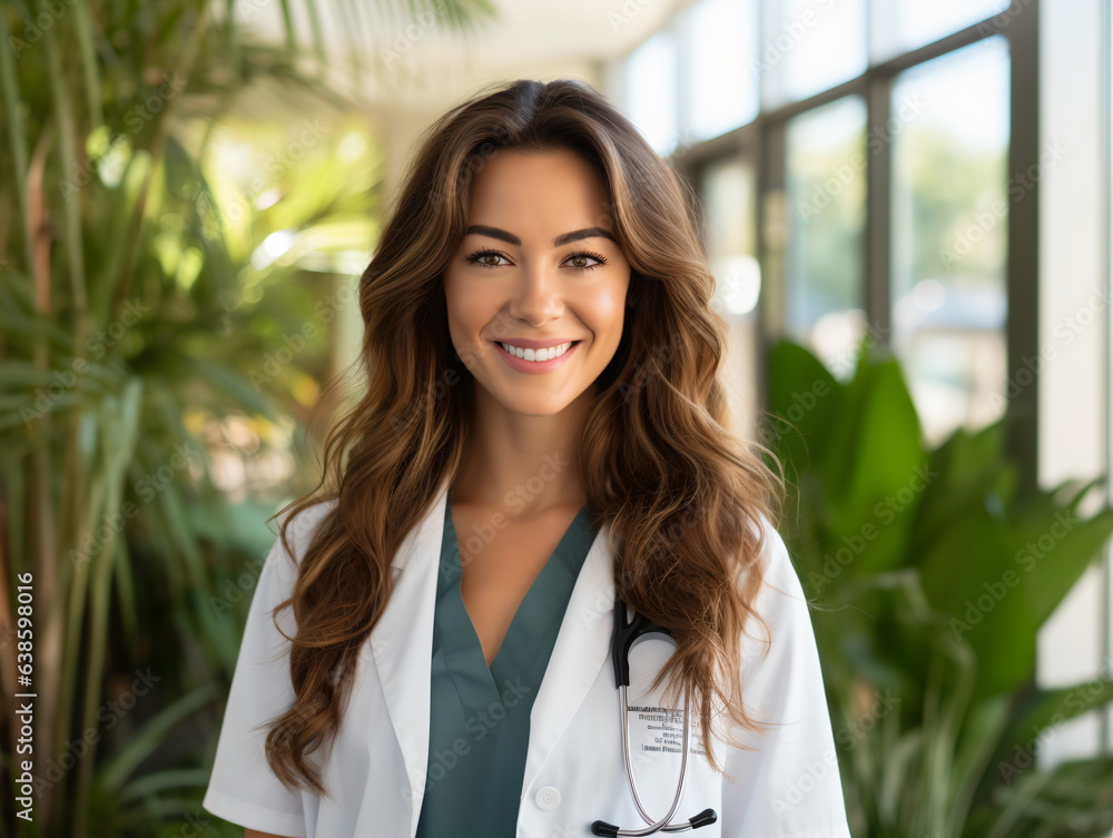 Portrait of friendly female doctor in workwear with stethoscope on neck Portrait of friendly female doctor in workwear with stethoscope on neck