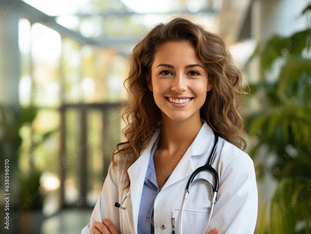 Portrait of friendly female doctor in workwear with stethoscope on neck Portrait of friendly female doctor in workwear with stethoscope on neck